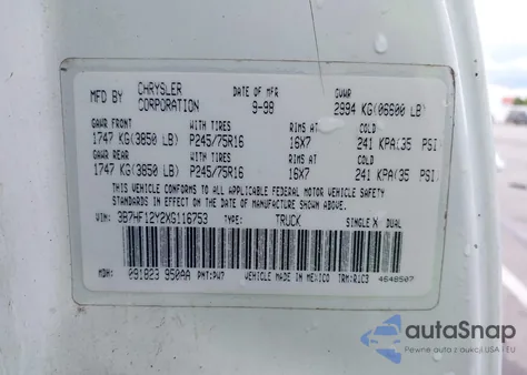 1999 Dodge Ram 1500 St из США, поврежденный, VIN 3B7HF12Y2XG116753